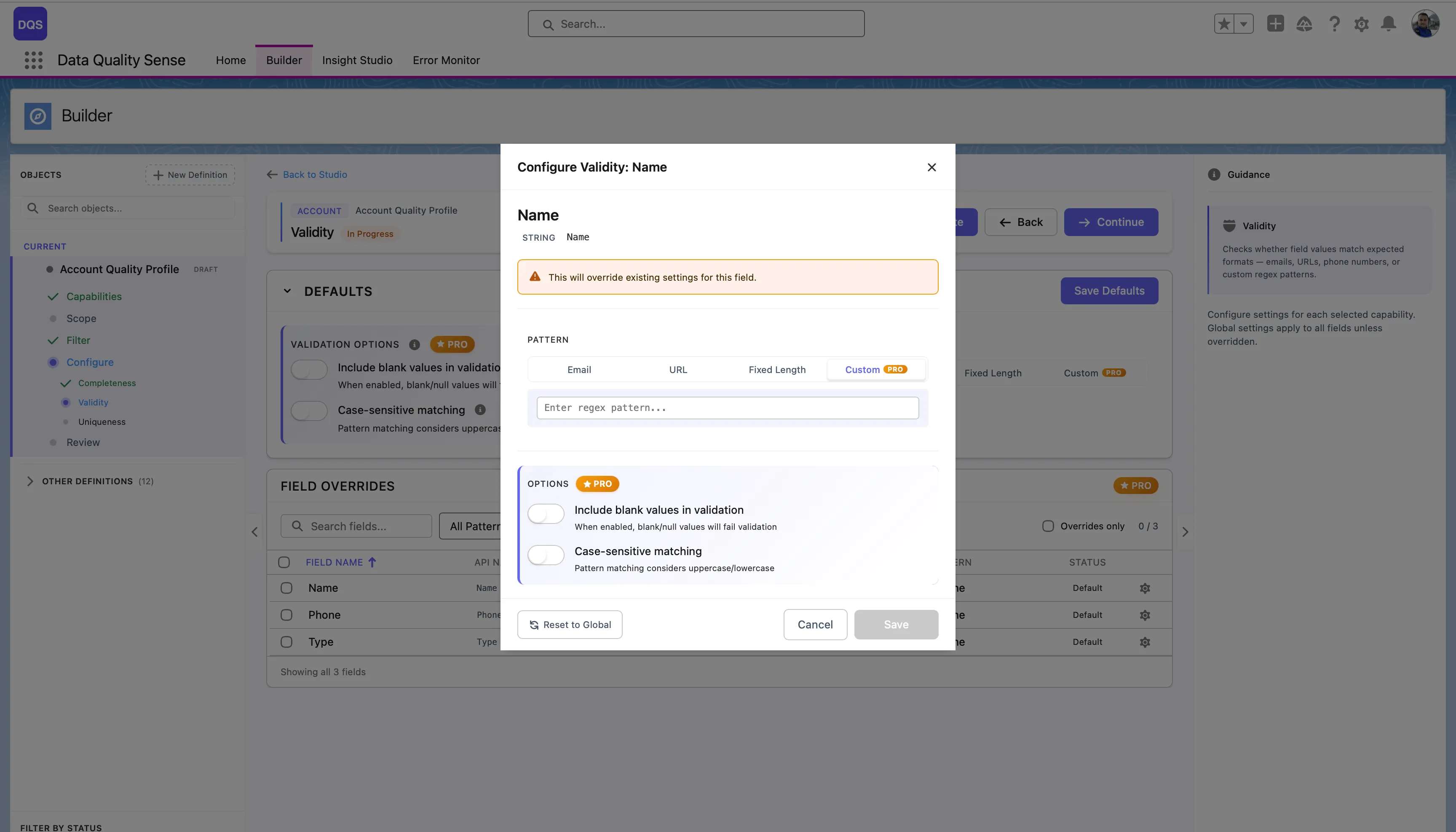 Custom regex pattern input in the per-field configuration modal