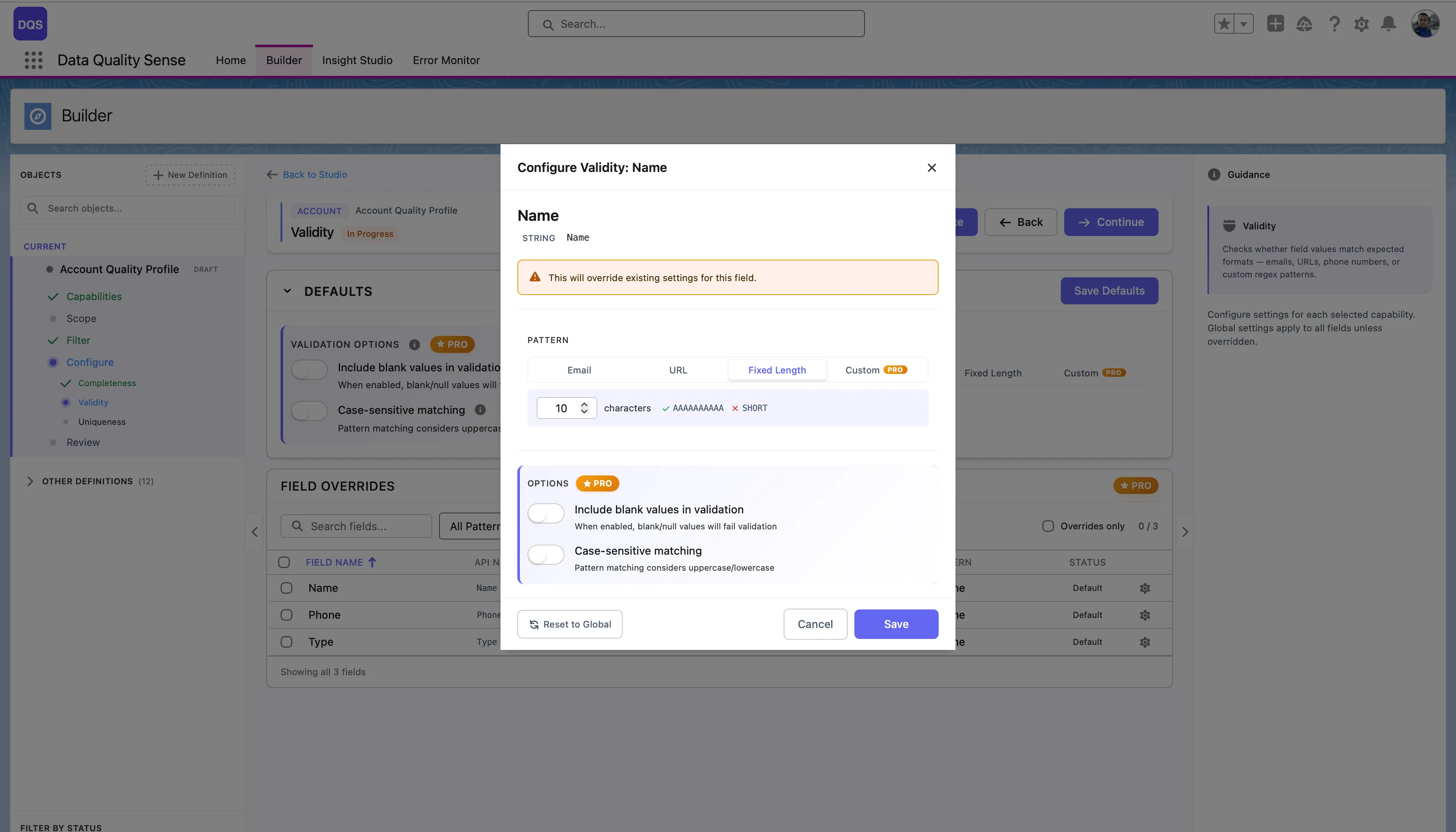Per-field configuration modal for the Name field with predefined pattern options (Email, URL, Fixed Length, Custom)