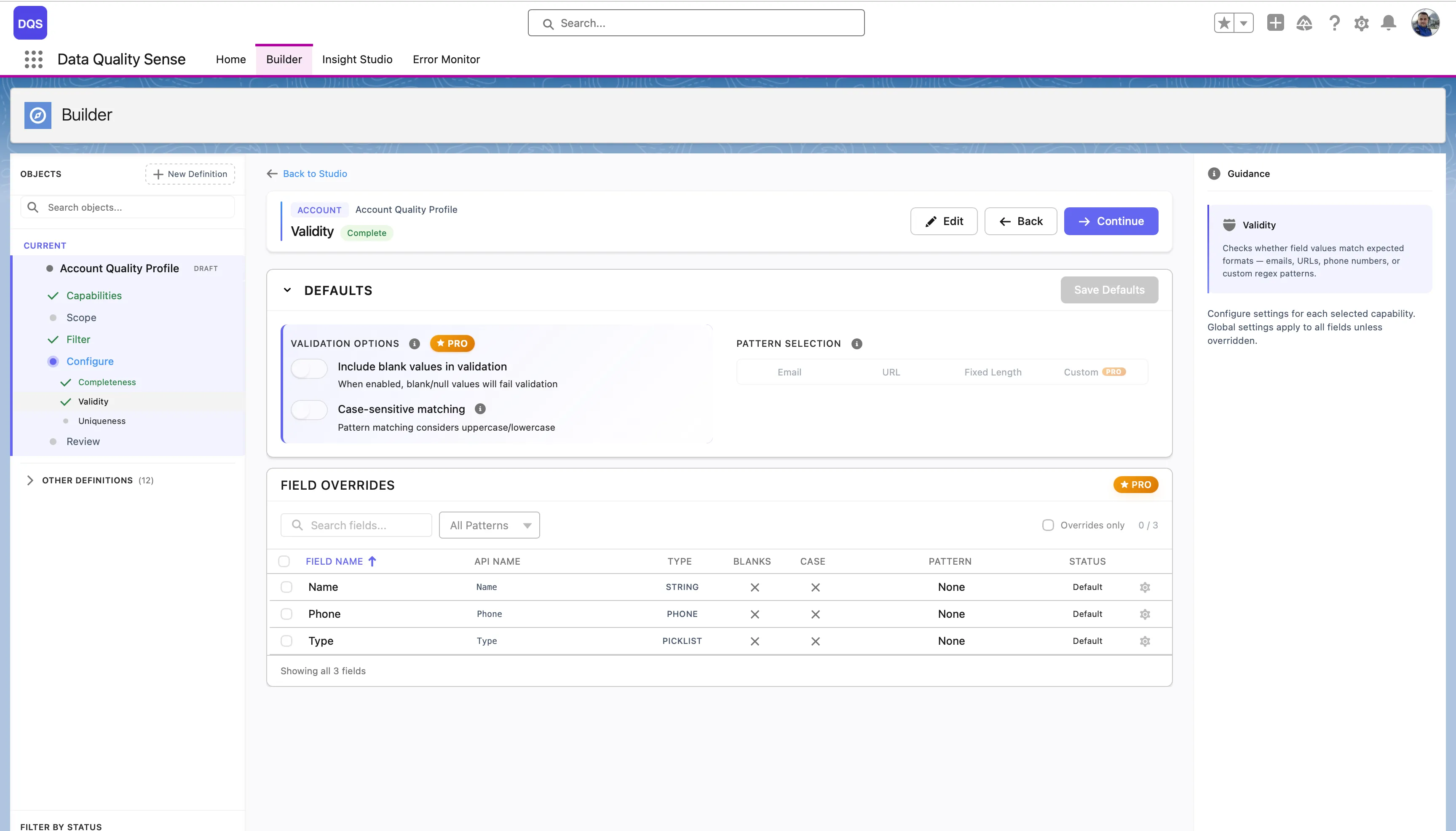 Validity configuration with Defaults (Validation Options, Pattern Selection) and Field Overrides table